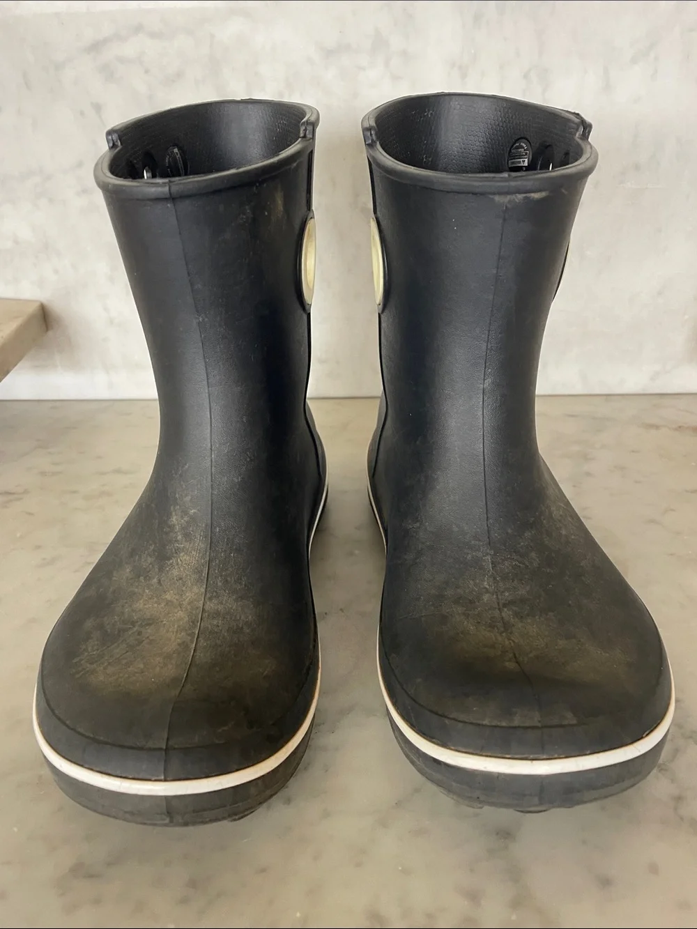 CROCS Black Short Rain Boots with Cream Eyelet